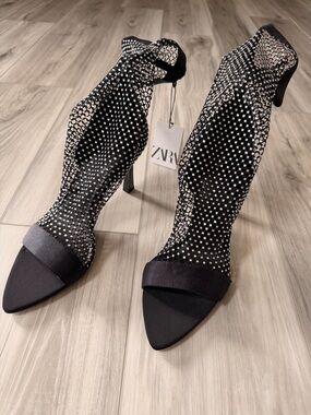 ZARA Black Mesh Rhinestone Stiletto Sandals